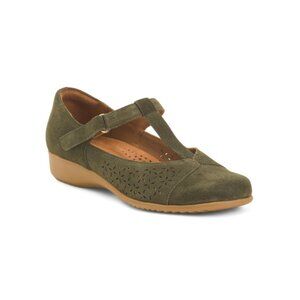 COBB HILL ROCKPORT Green Suede Rowen Comfort T-strap Shoes